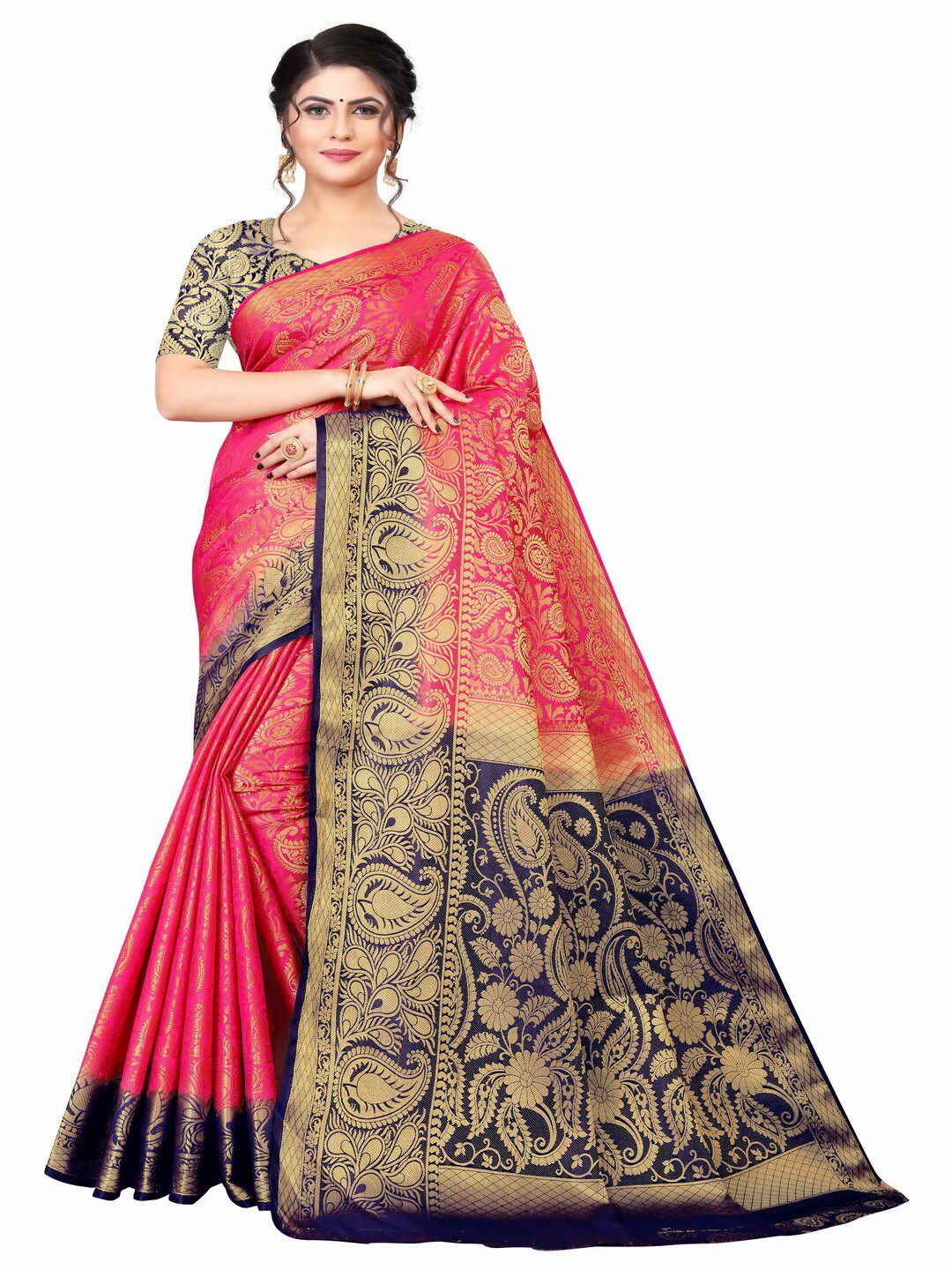 MOKSHA DESIGNS Red & Navy Blue Ethnic Motifs Zari Pure Silk Banarasi Saree Price in India