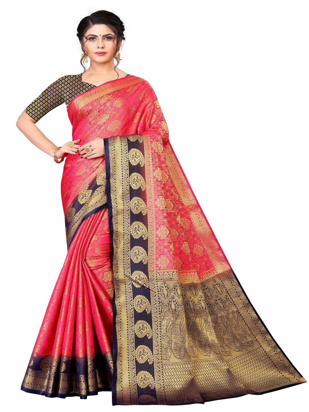 MOKSHA DESIGNS Pink & Navy Blue Woven Design Zari Pure Silk Banarasi Saree Price in India