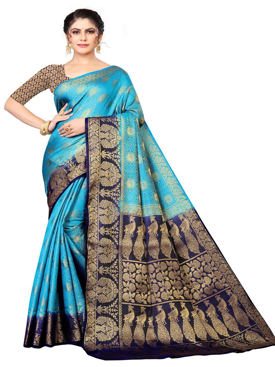 MOKSHA DESIGNS Blue & Gold-Toned Woven Design Zari Pure Silk Banarasi Saree Price in India