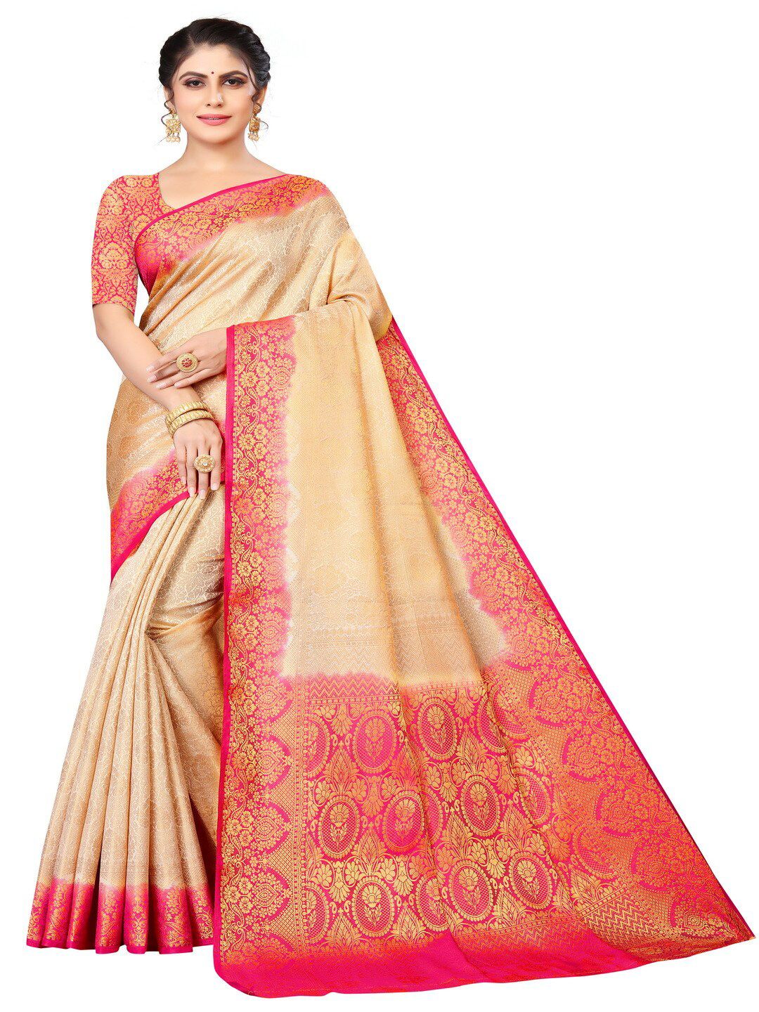 MOKSHA DESIGNS Off White & Pink Woven Design Zari Pure Silk Banarasi Saree Price in India