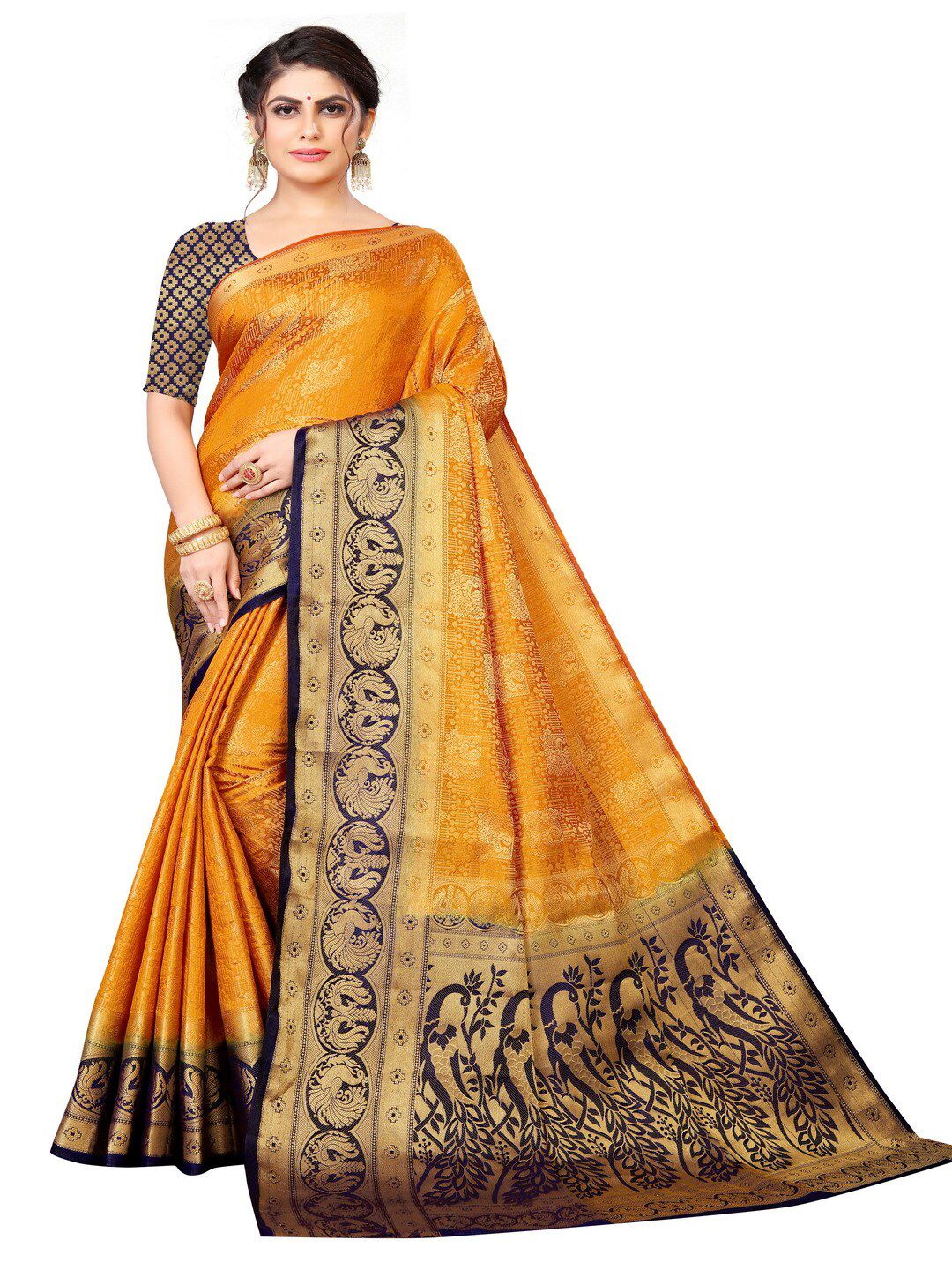 MOKSHA DESIGNS Gold-Toned & Navy Blue Woven Design Zari Pure Silk Banarasi Saree Price in India