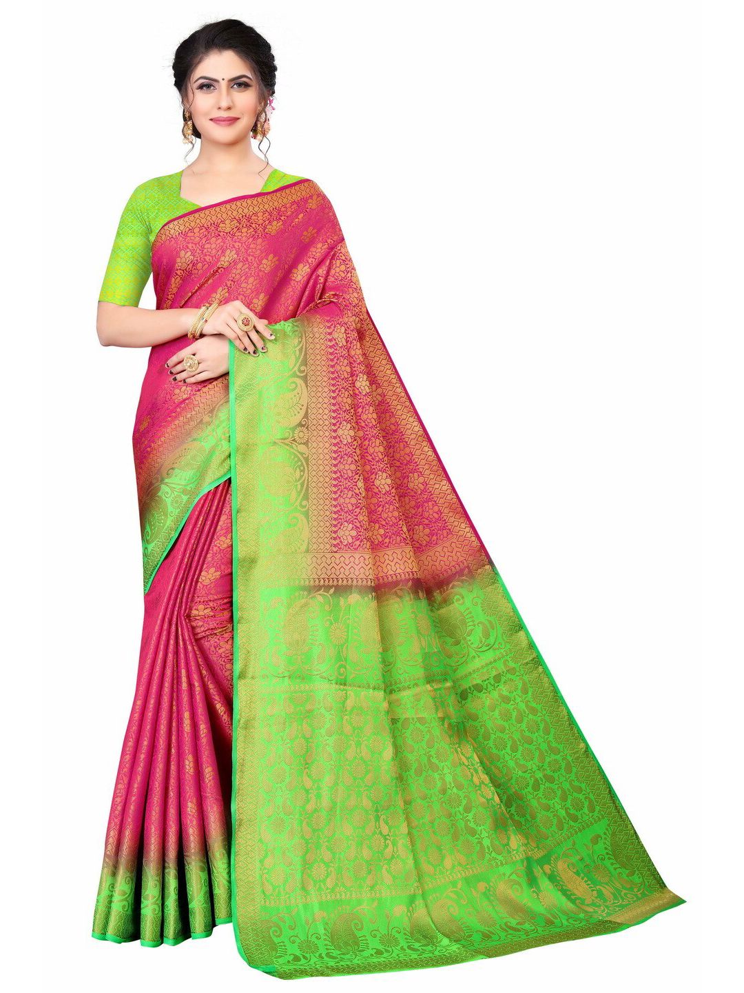 MOKSHA DESIGNS Pink & Green Woven Design Zari Pure Silk Banarasi Saree Price in India