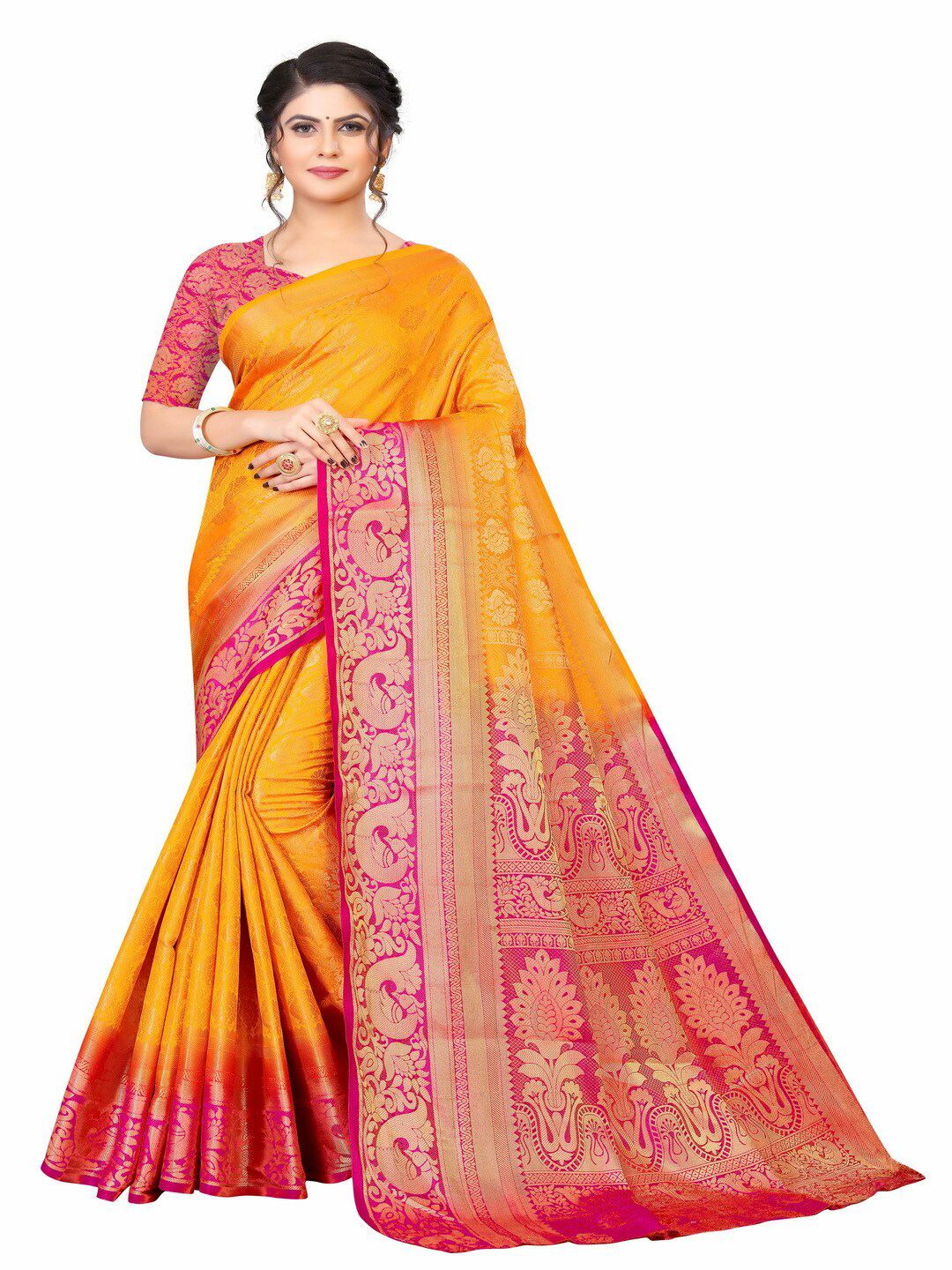 MOKSHA DESIGNS Orange & Pink Woven Design Zari Pure Silk Banarasi Saree Price in India
