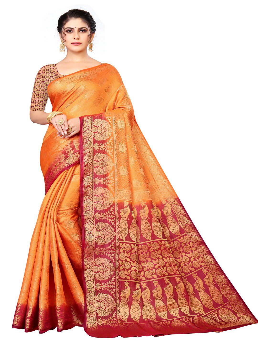 MOKSHA DESIGNS Red & Yellow Woven Design Pure Silk Banarasi Saree Price in India