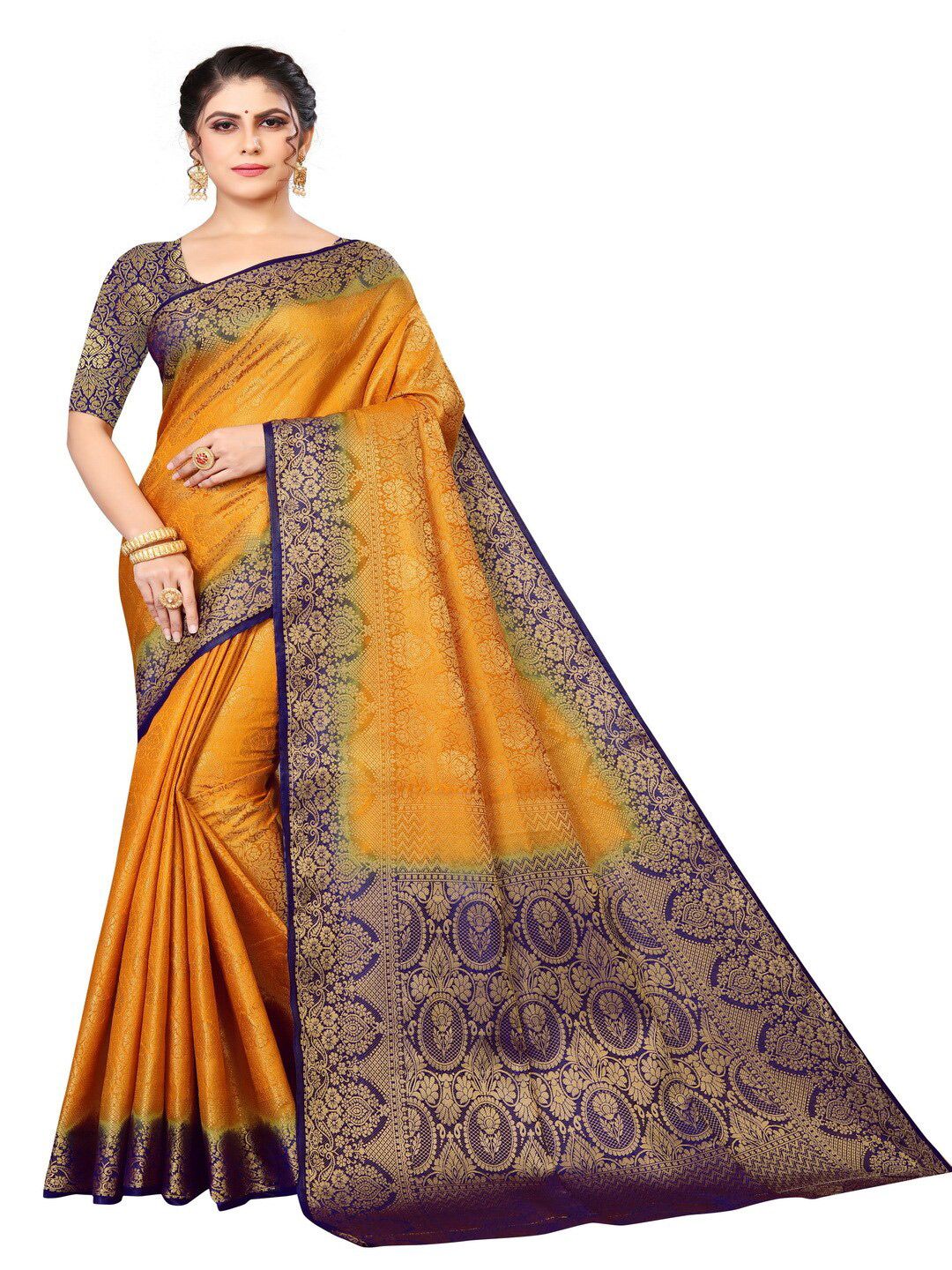 MOKSHA DESIGNS Gold-Toned & Navy Blue Woven Design Zari Pure Silk Banarasi Saree Price in India