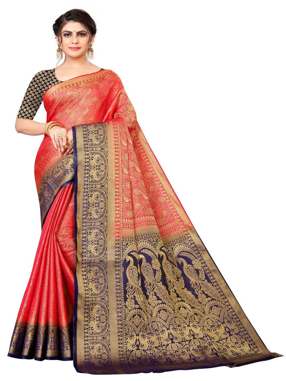 MOKSHA DESIGNS Red & Navy Blue Woven Design Zari Pure Silk Banarasi Saree Price in India