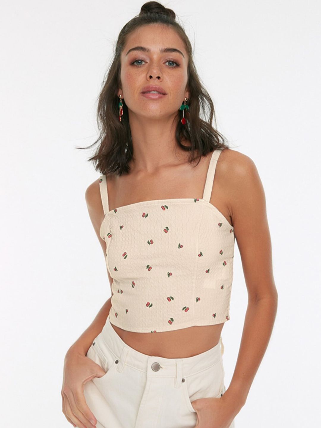 Trendyol Women Cream-Coloured & Red Printed Crop Top Price in India