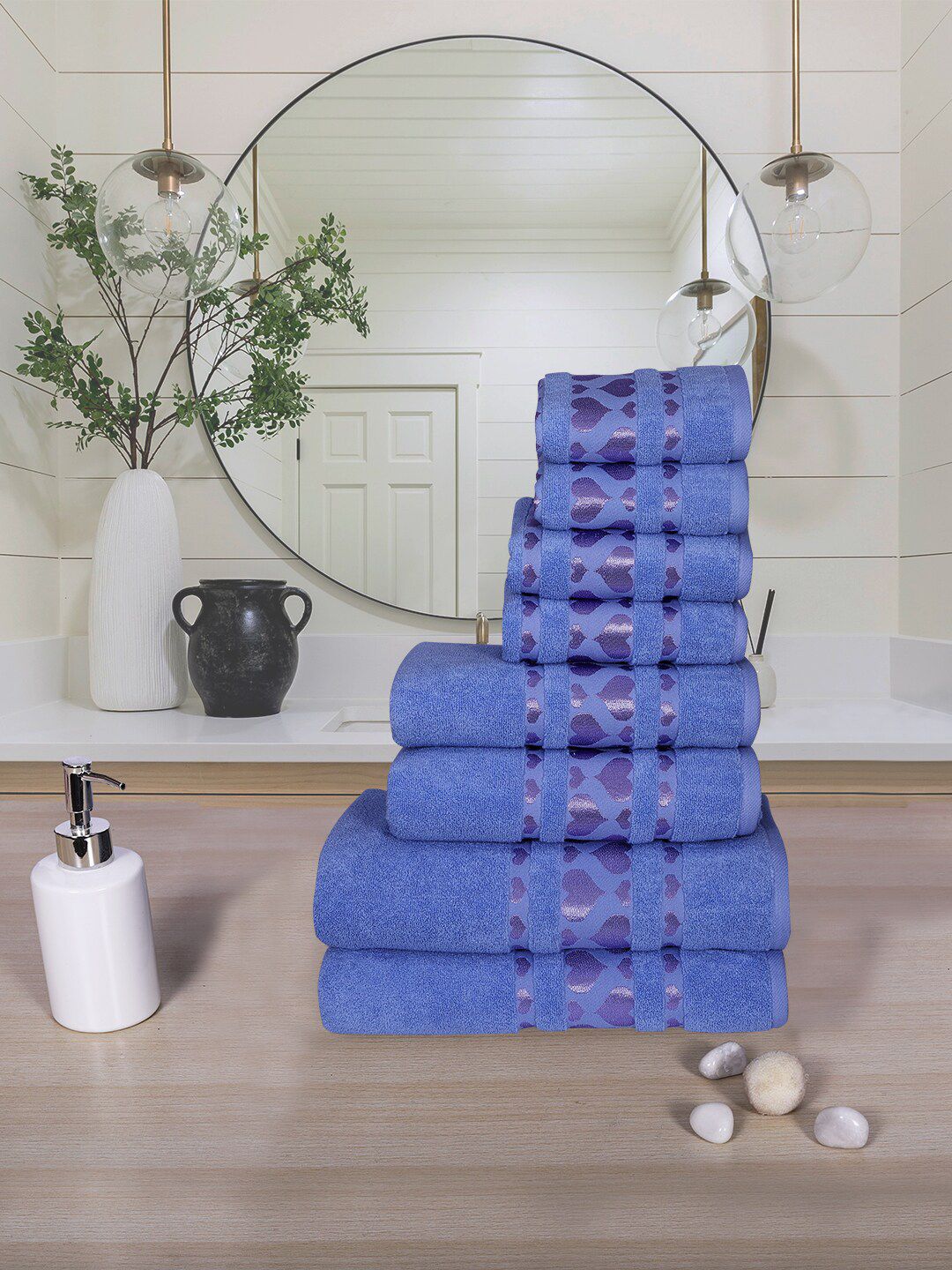 RANGOLI Set Of 8 Blue 550 GSM Cotton Bath Towel Set Price in India