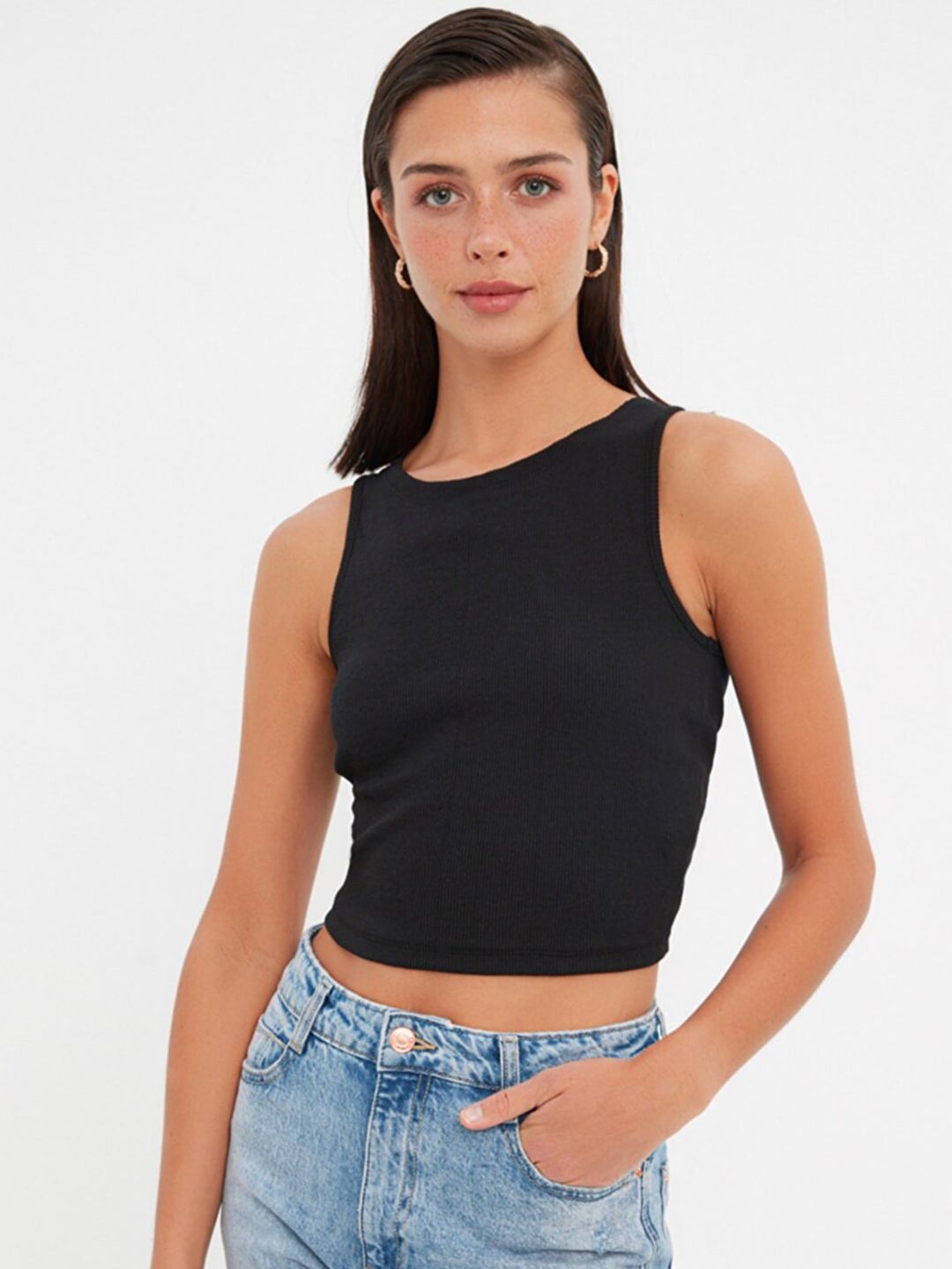 Trendyol Women Black Ribbed Styled Back Crop Top Price in India