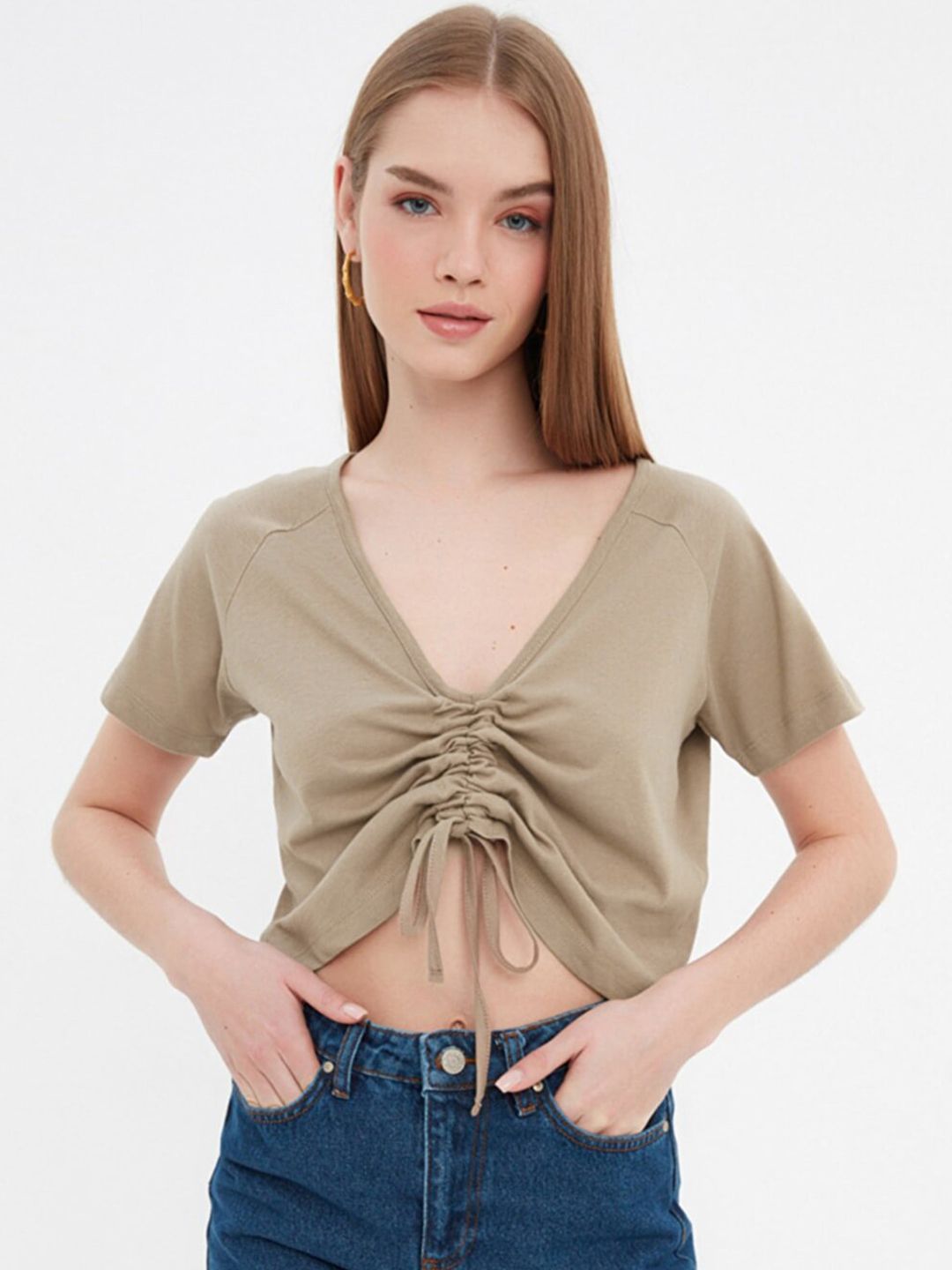 Trendyol Beige Pure Cotton Solid Lace-Up Crop Top Price in India