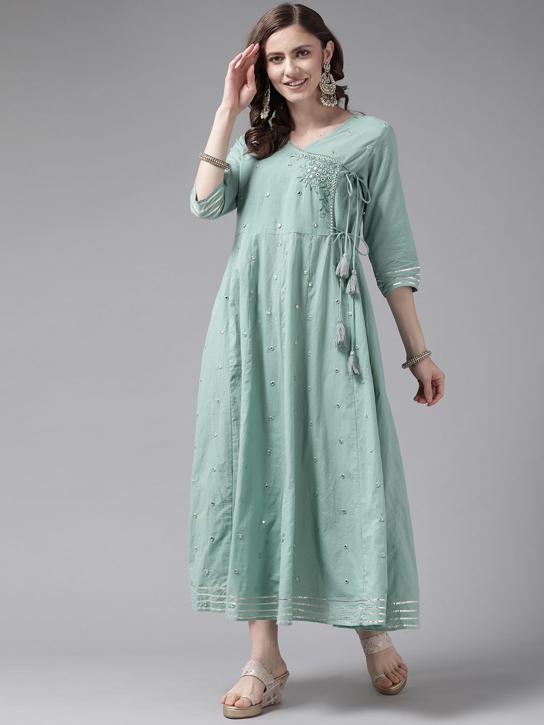 Yufta Sea Green Floral Embroidered Ethnic Maxi Dress Price in India