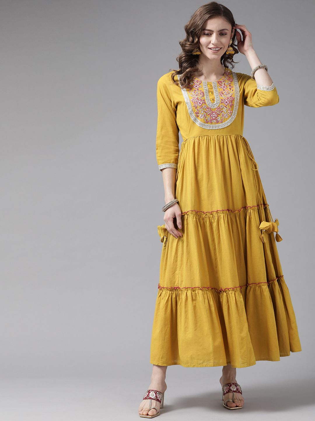 Yufta Mustard Yellow Cotton Mirror Work Tiered Maxi Dress Price in India