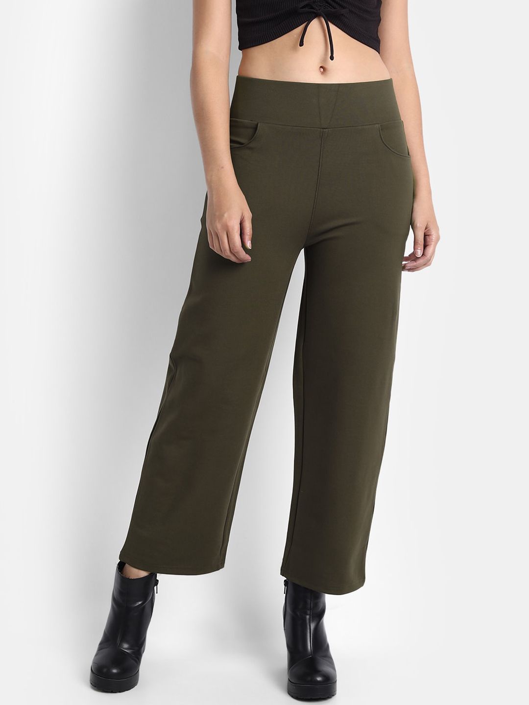 BROADSTAR Women Olive Green Loose Fit High-Rise Easy Wash Trousers Price in India