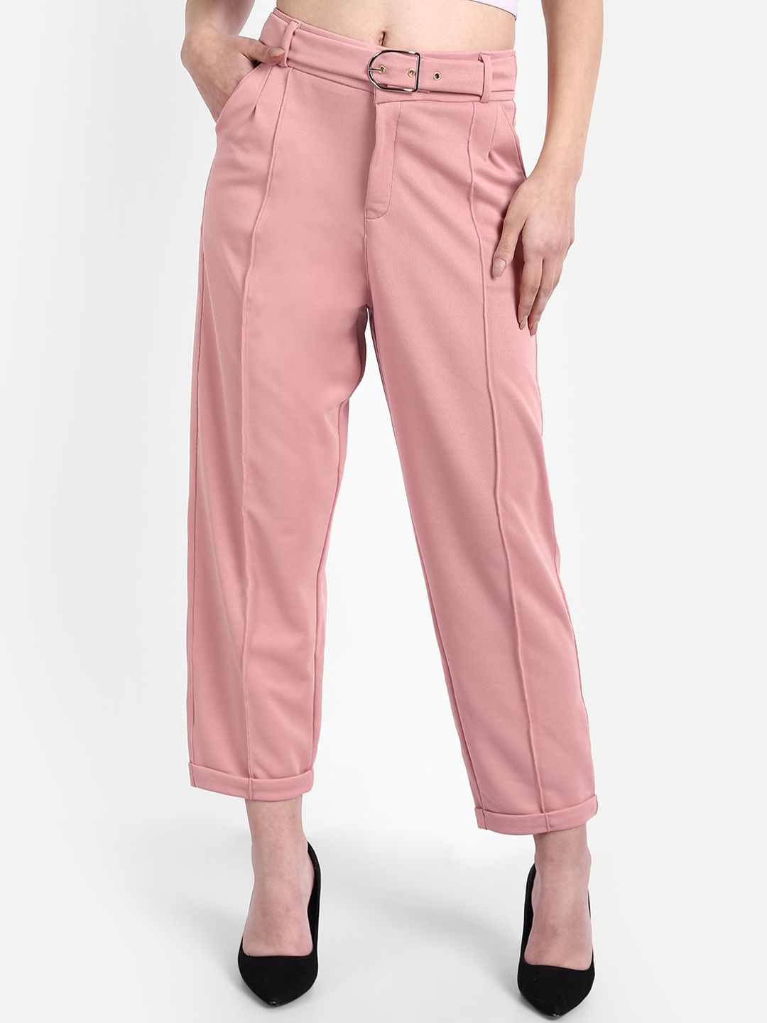 BROADSTAR Women Pink Loose Fit High-Rise Easy Wash Trousers Price in India