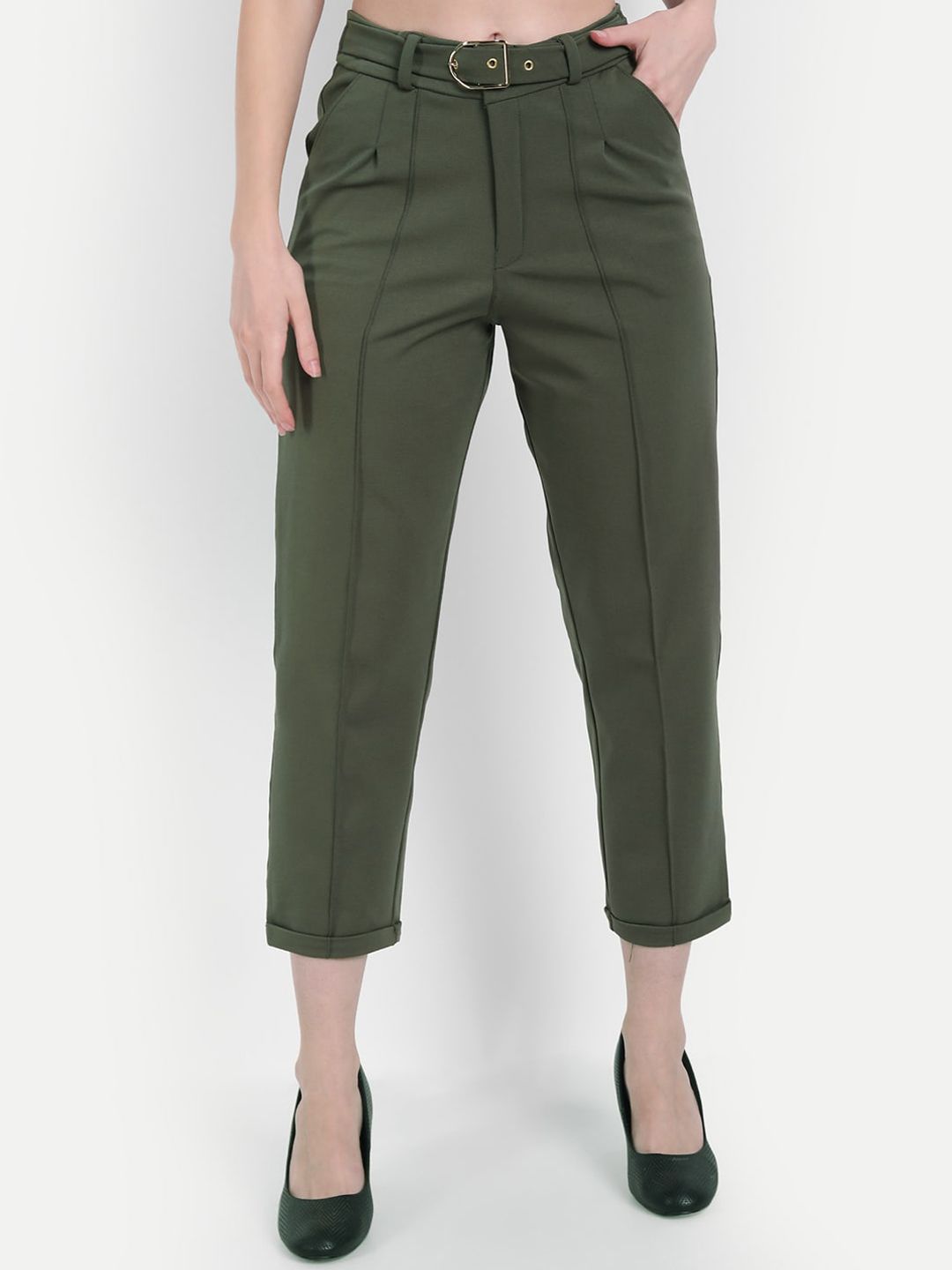 BROADSTAR Women Green Loose Fit High-Rise Easy Wash Trousers Price in India