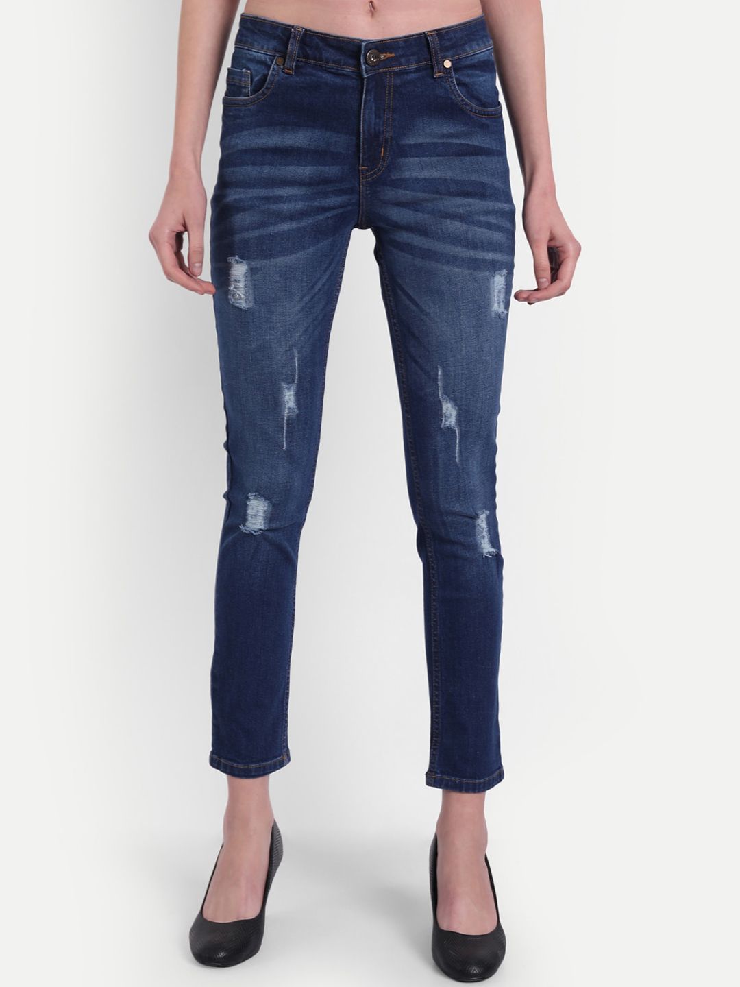 BROADSTAR Women Blue High-Rise Mildly Distressed Light Fade Stretchable Jeans Price in India