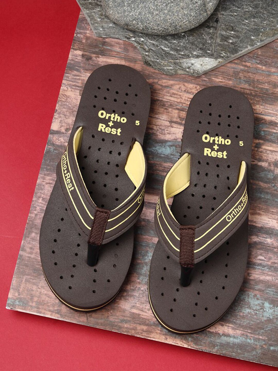 Ortho Rest Women Brown & Yellow Printed Rubber Thong Flip-Flops Price in India