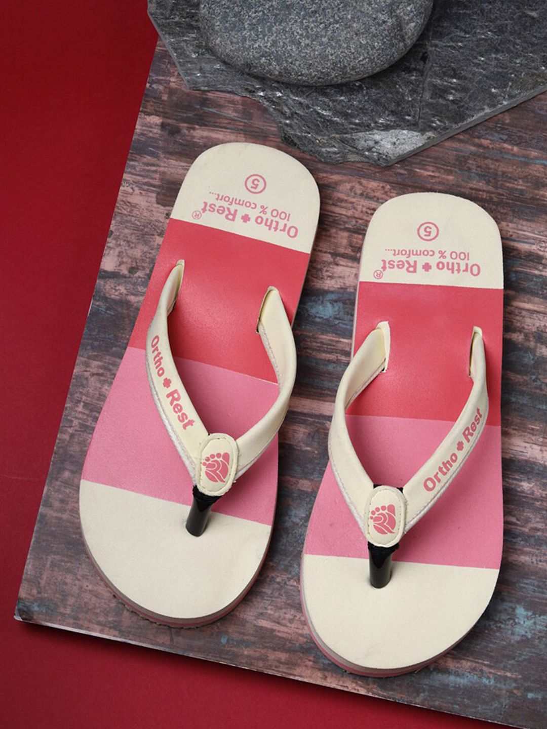 Ortho Rest Women Pink & Cream-Coloured Colourblocked Rubber Thong Flip-Flops Price in India