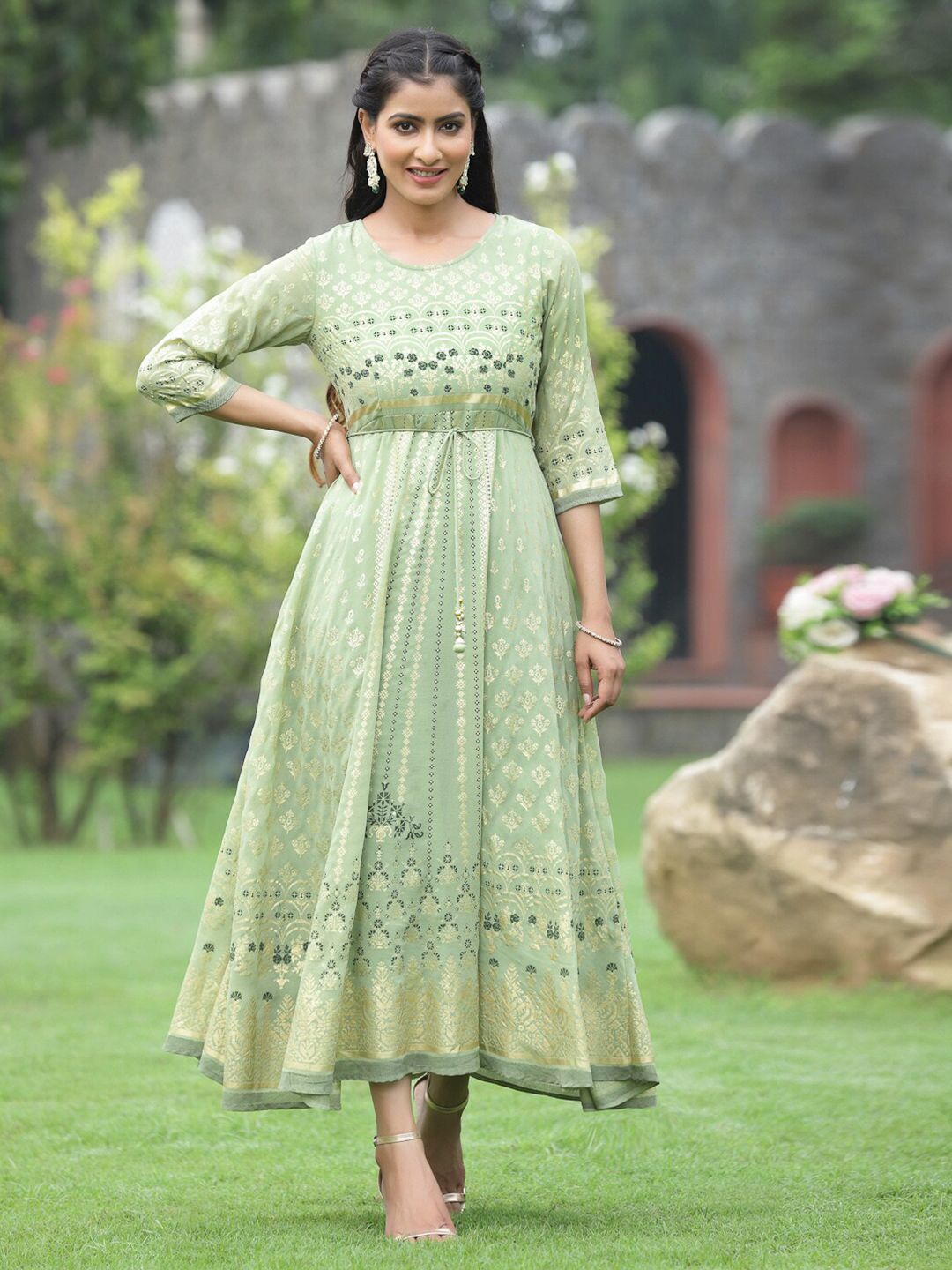 Juniper Green Ethnic Motifs Georgette Ethnic Fit & Flare Dress Price in India