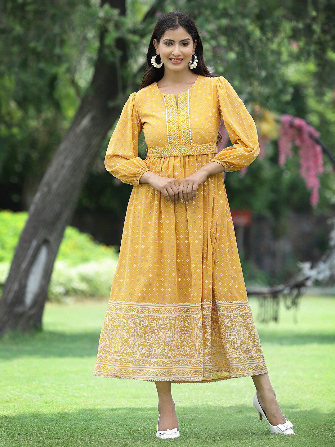 Juniper Mustard Yellow Ethnic Motifs Georgette Ethnic Midi Dress Price in India
