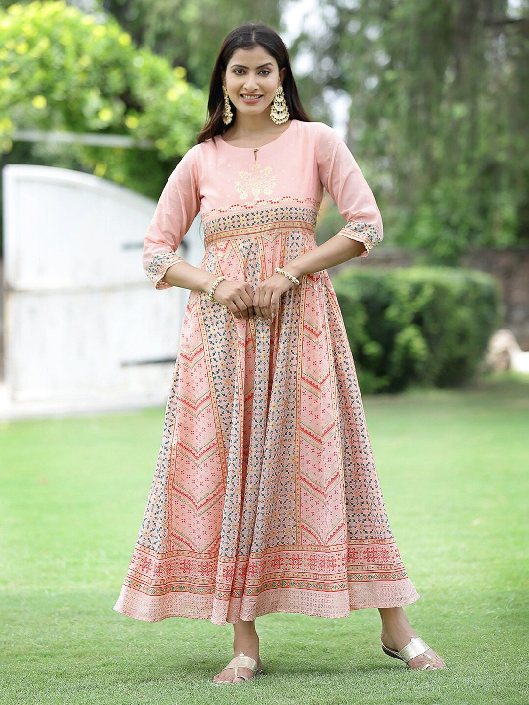 Juniper Peach-Coloured Georgette Ethnic Maxi Dress Price in India