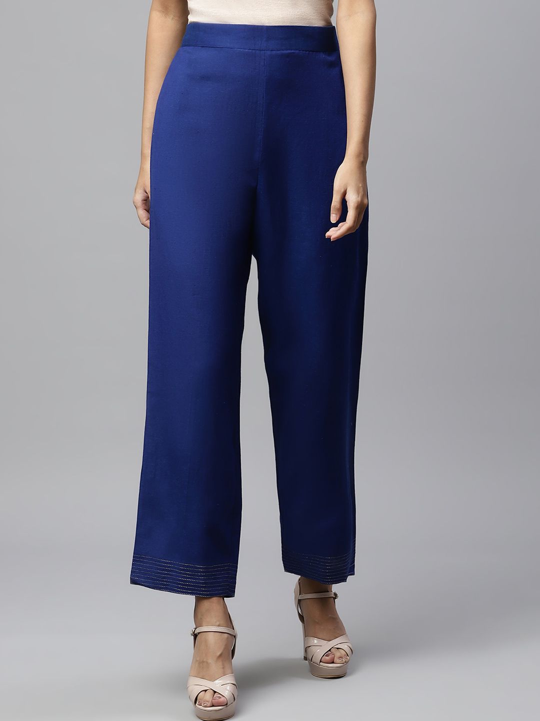 Linen Club Woman Women Navy Blue Solid Linen Culottes Trousers Price in India