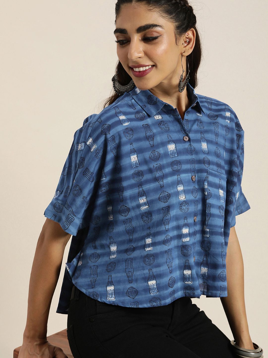 Taavi Women Blue & White Striped Pure Cotton Shirt Style Crop Top Price in India