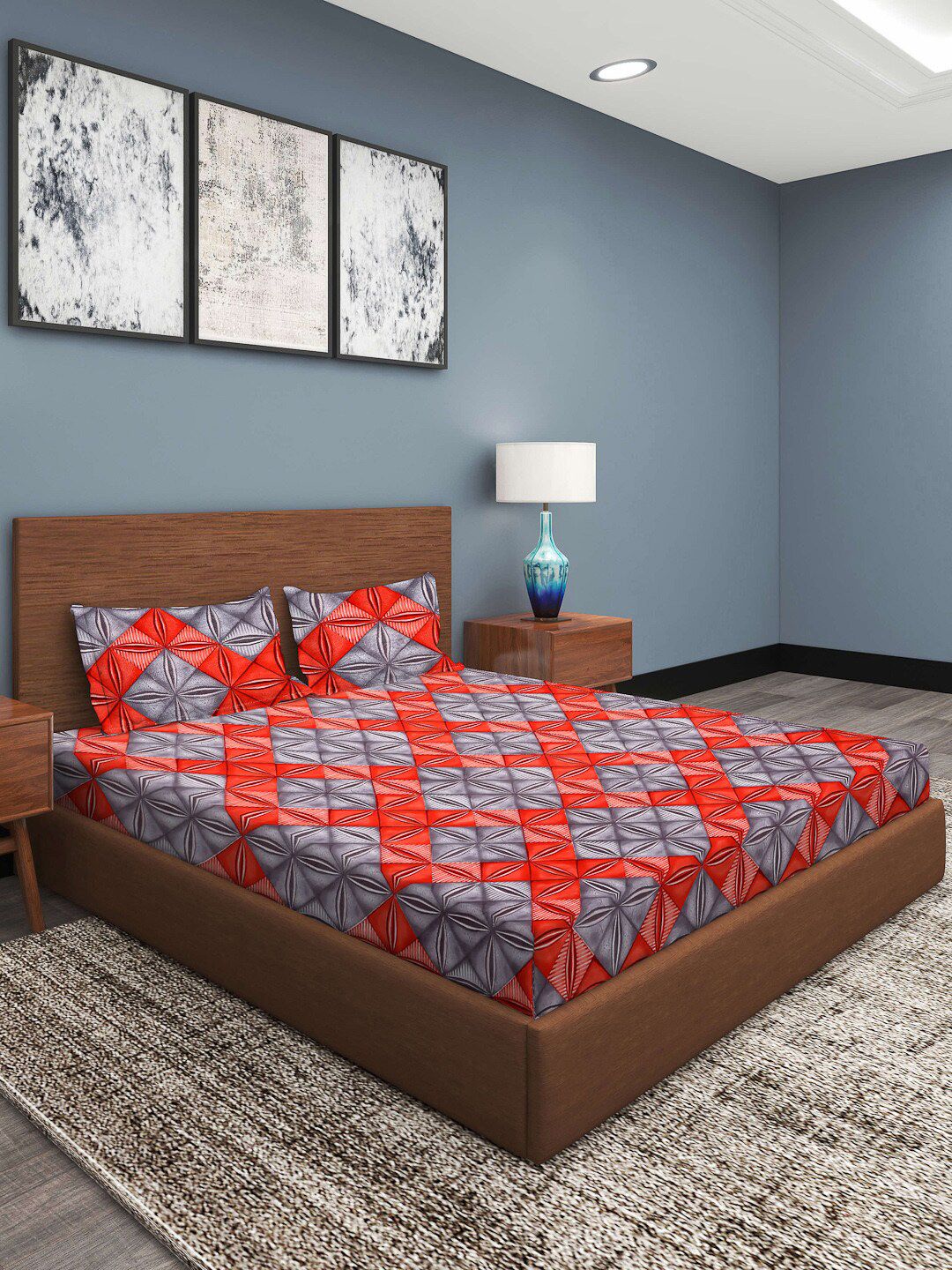 ROMEE Red & Grey Geometric 210 TC King Bedsheet with 2 Pillow Covers Price in India