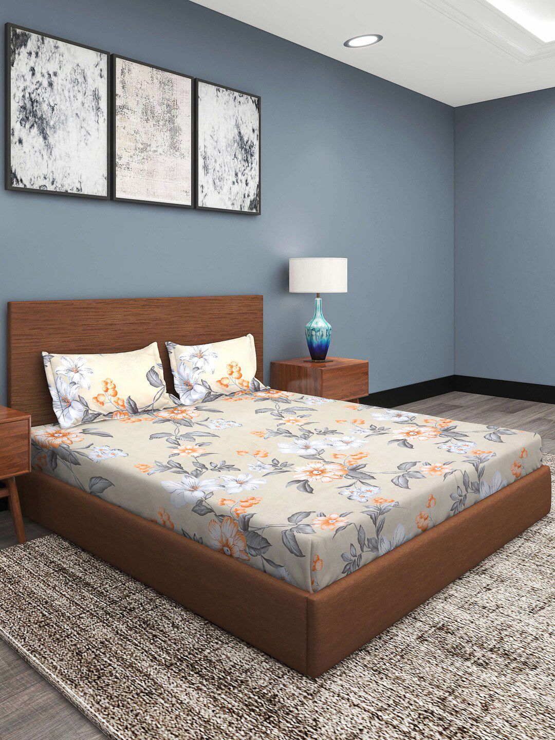 ROMEE Beige & Grey Floral Printed 210 TC King Bedsheet with 2 Pillow Covers Price in India