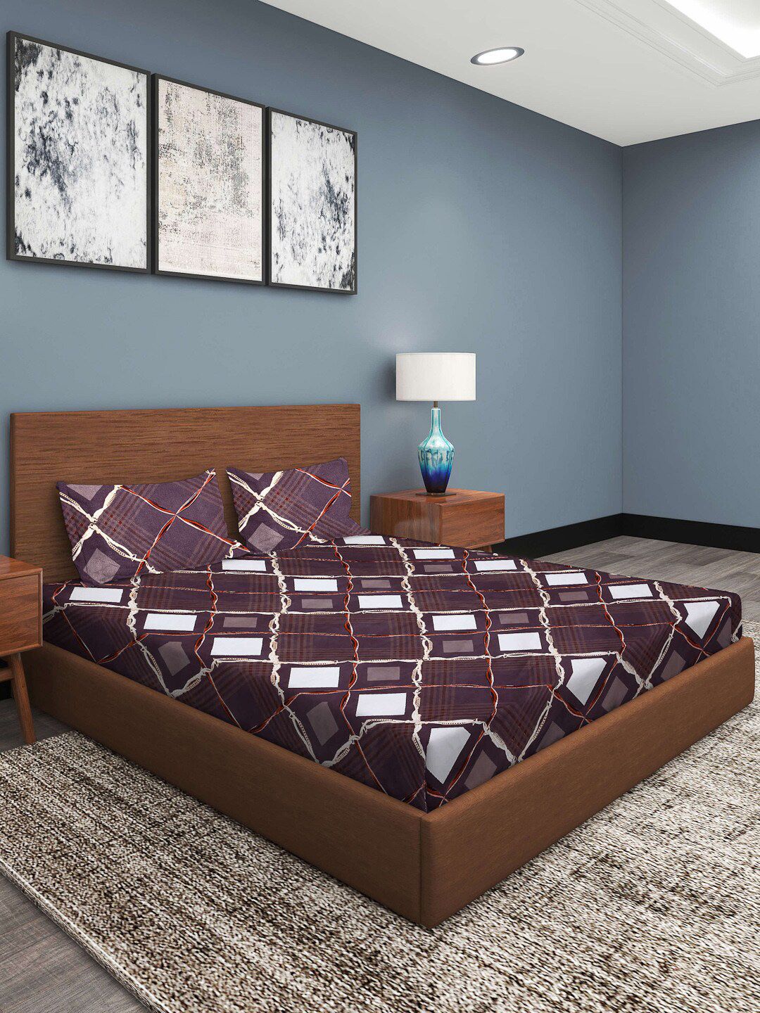 ROMEE Brown & White Geometric 210 TC King Bedsheet with 2 Pillow Covers Price in India