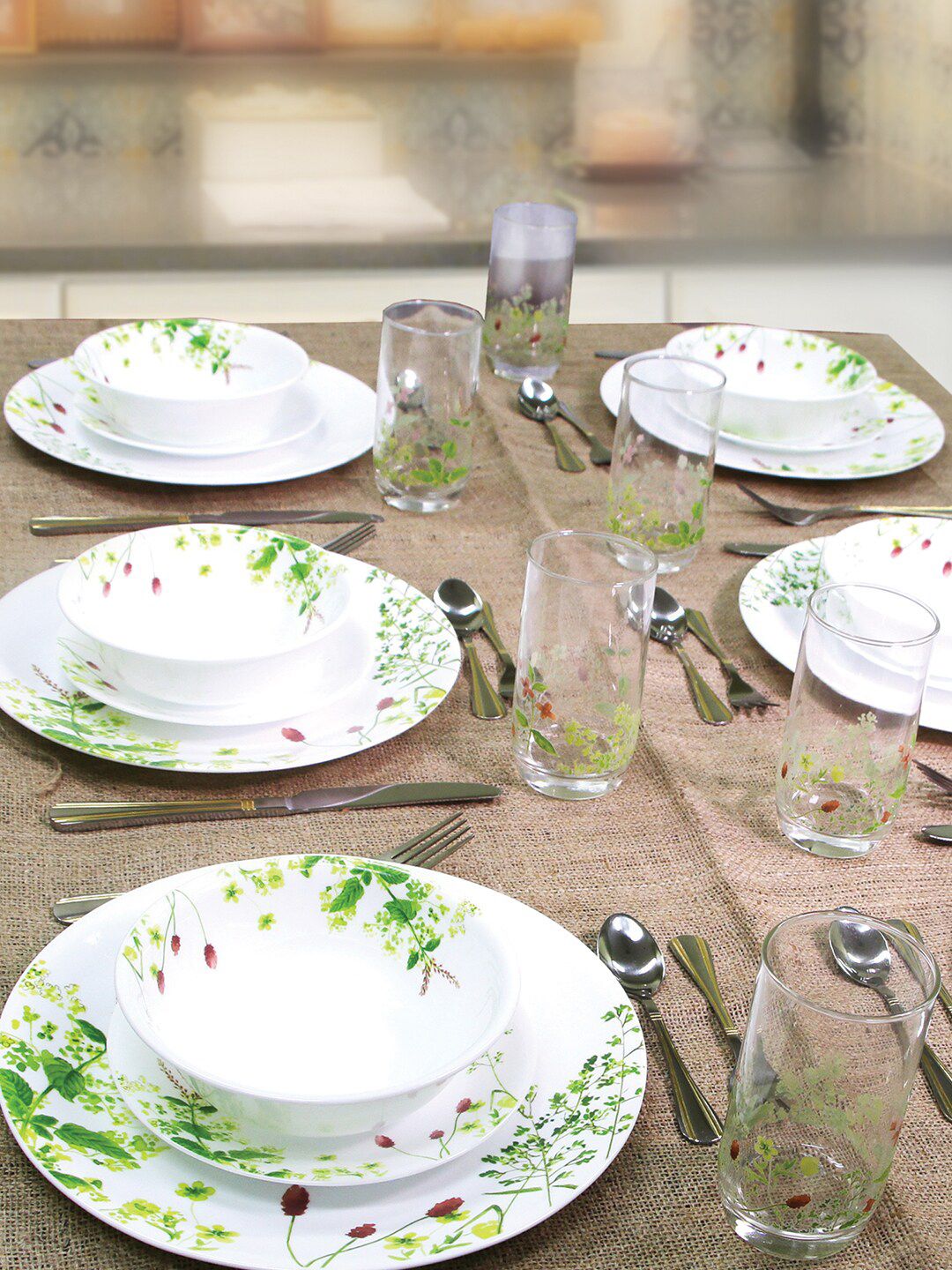 Corelle White & Green 12 Pieces Floral Printed Glossy Dinner Utility Set Price in India
