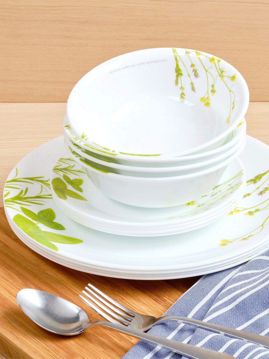 Corelle White & Green 12 Pieces Floral Printed Glossy Dinner Set Price in India