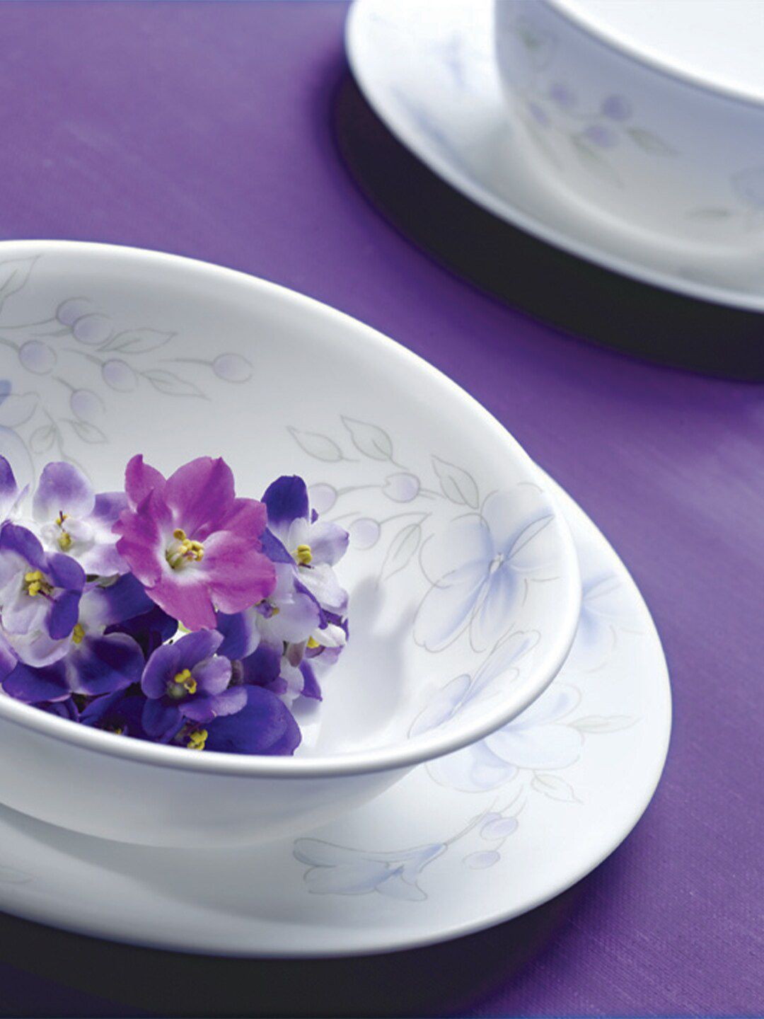Corelle White & Purple Pack Of 12 Floral Printed Glossy Dinner Set Price in India