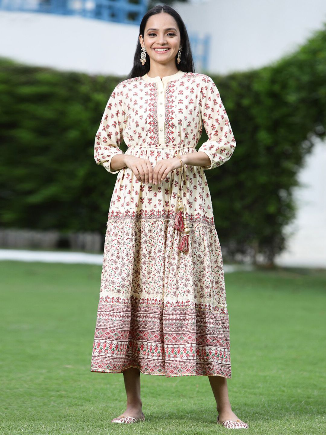 Juniper Cream-Coloured Floral Ethnic Midi Dress Price in India
