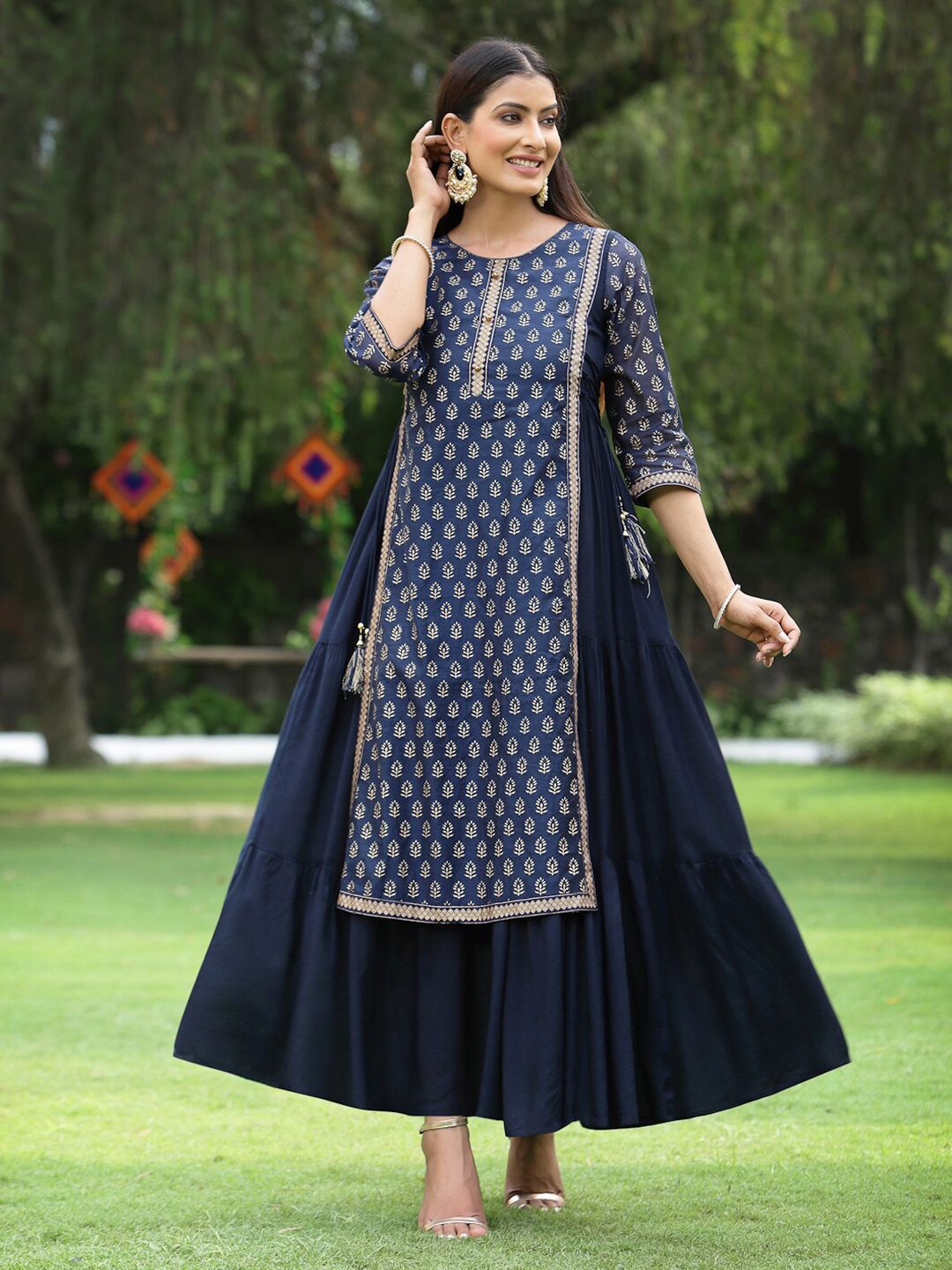 Juniper Navy Blue Ethnic Motifs Ethnic A-Line Maxi Dress Price in India