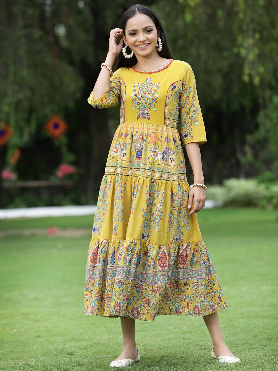 Juniper Mustard Yellow Floral Ethnic A-Line Midi Dress Price in India