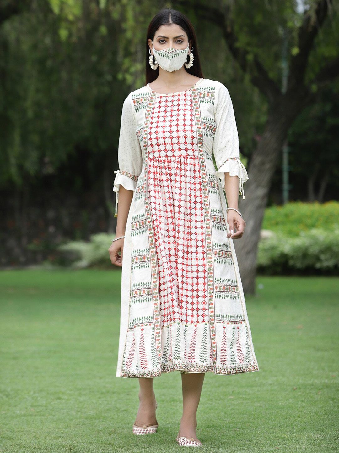Juniper Off White Checked Ethnic A-Line Midi Dress Price in India