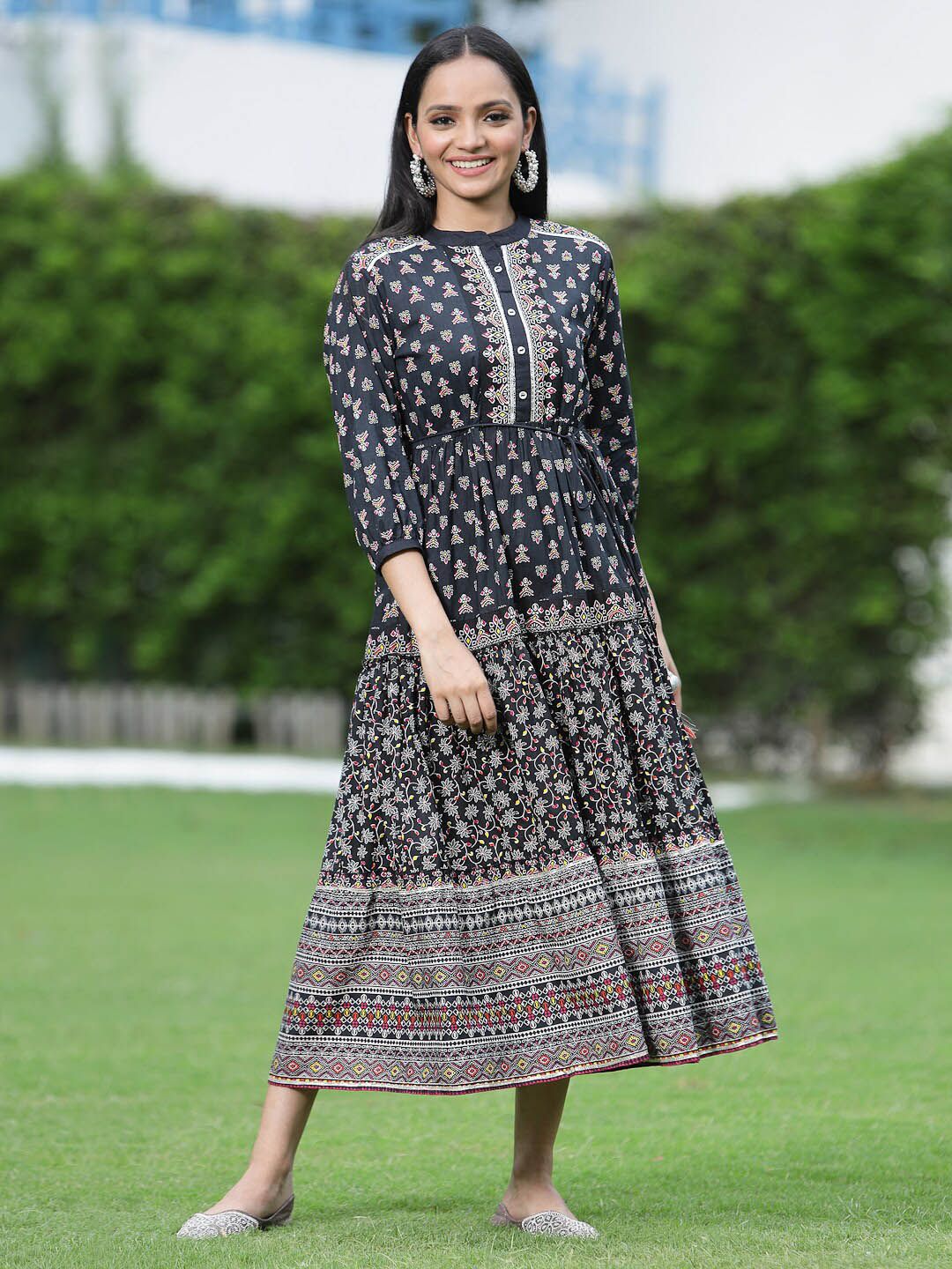 Juniper Black Ethnic A-Line Midi Dress Price in India