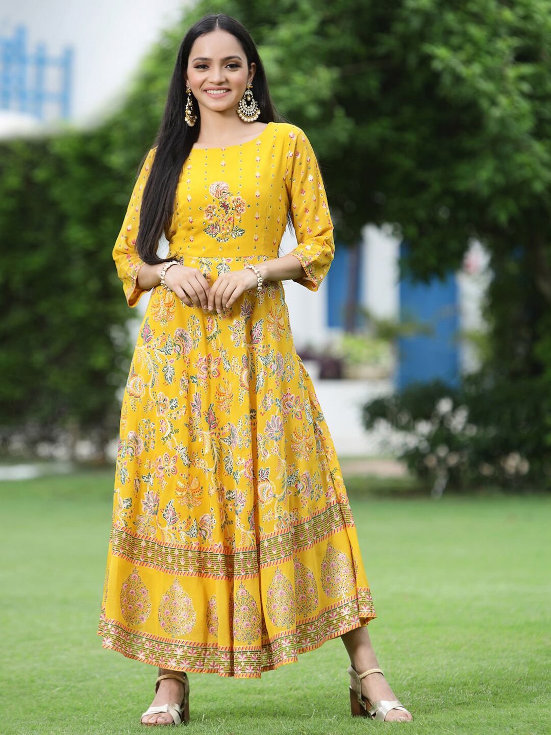 Juniper Mustard Yellow Floral Georgette Ethnic A-Line Maxi Dress Price in India