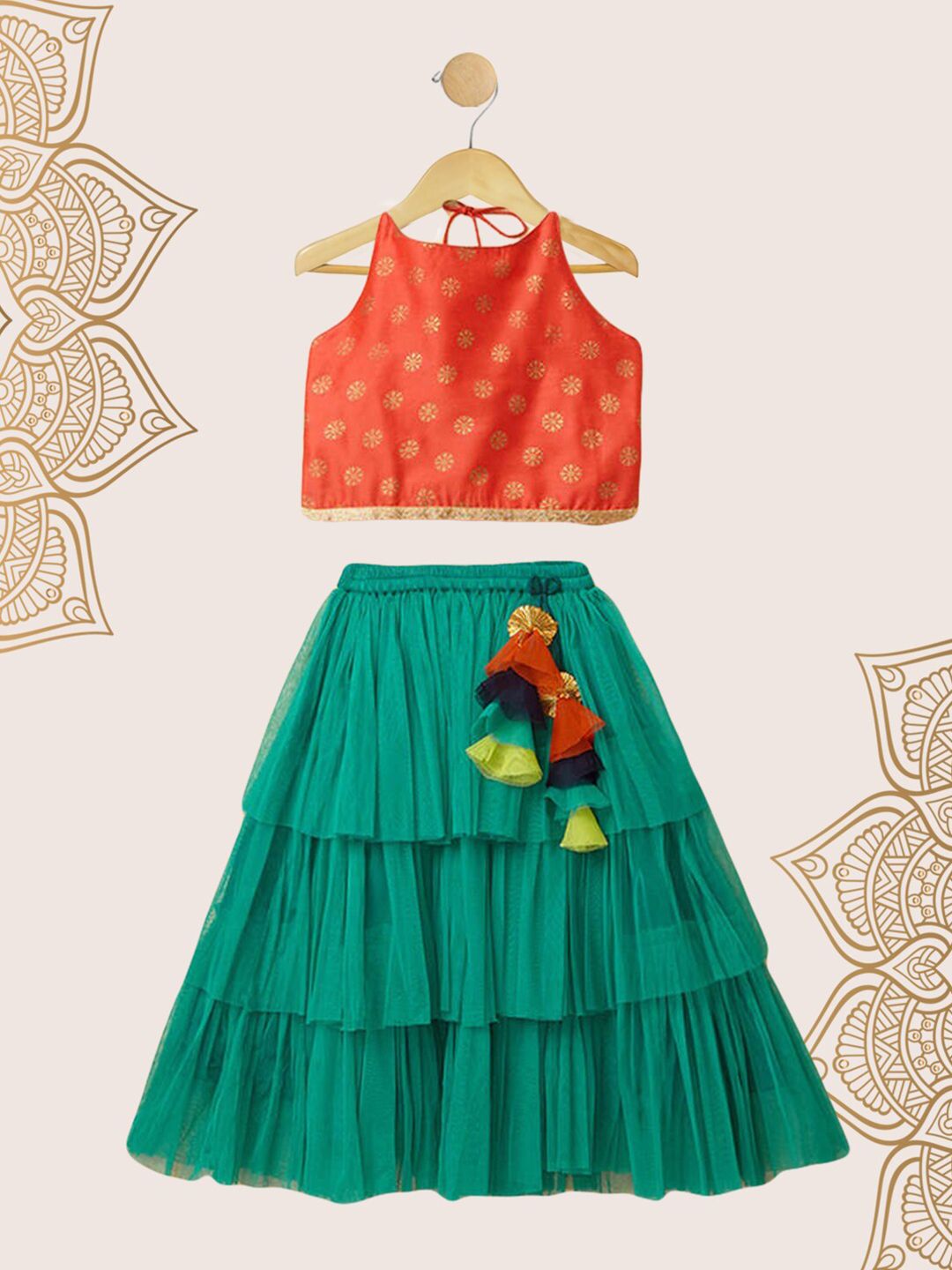The Magic Wand Girls Red & Green Printed Foil Print Ready to Wear Lehenga