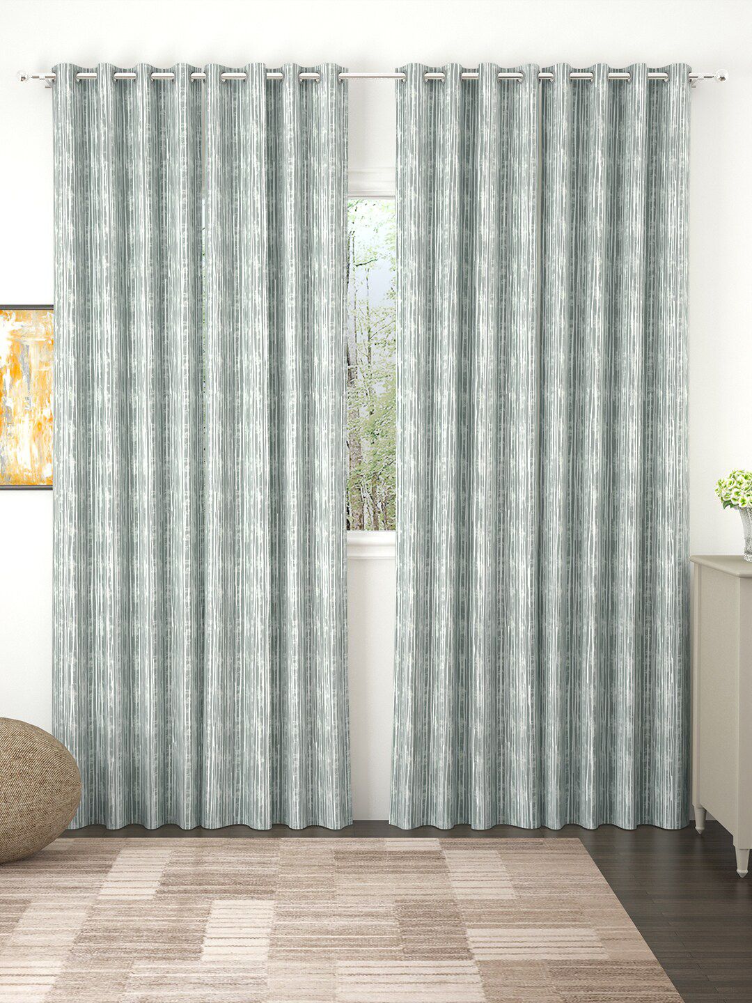 Story@home Grey & White Set of 4 Striped Room Darkening Long Door Curtain Price in India