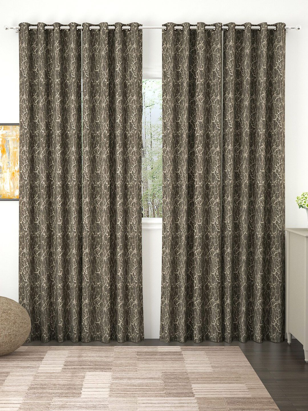 Story@home Brown & Beige Set of 4 Floral Room Darkening Long Door Curtain Price in India