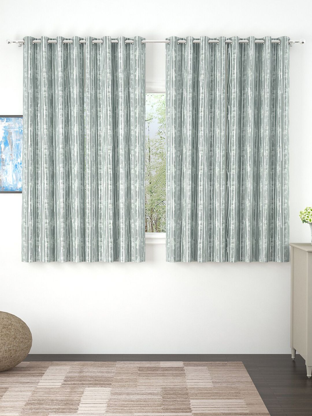 Story@home Set of 4 Grey Striped Jacquard Room Darkening Window Curtain Price in India