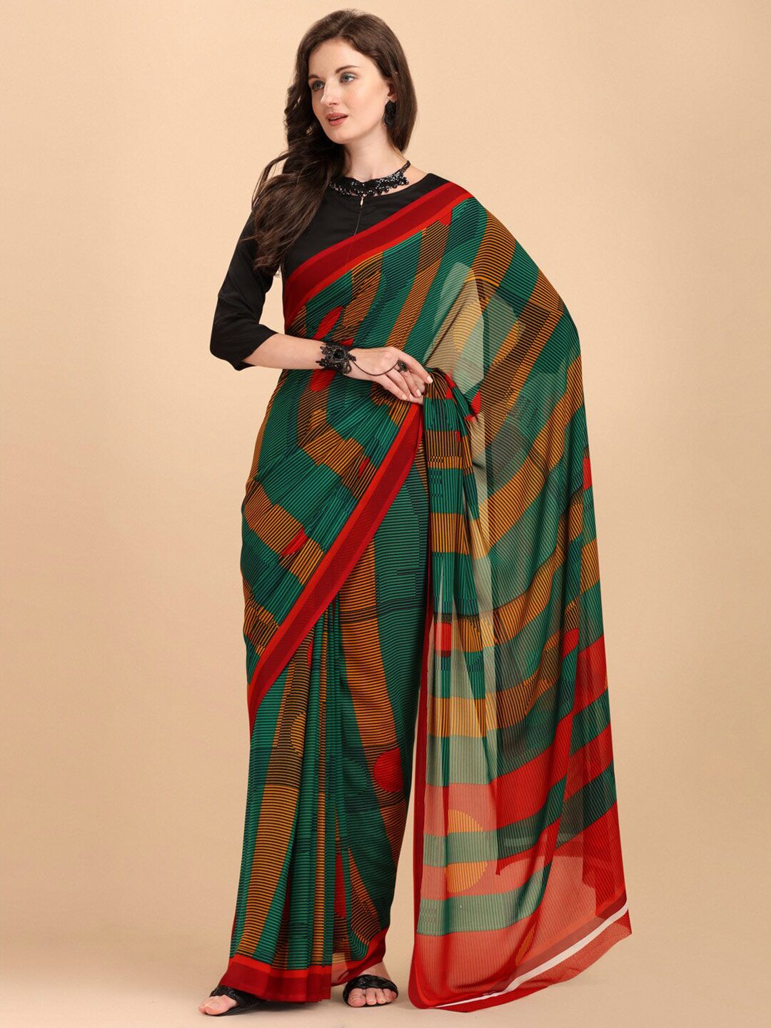 Sangria Green & Red Striped Pure Georgette Saree Price in India