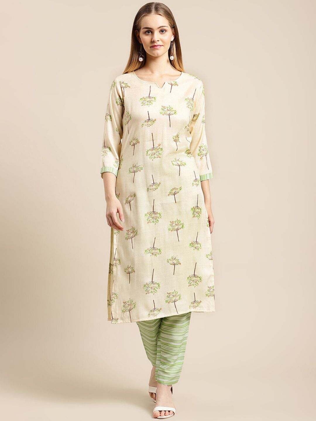 GUNVANTI FAB Women Cream-Coloured Printed Panelled Pure Cotton Kurti with Trousers Price in India