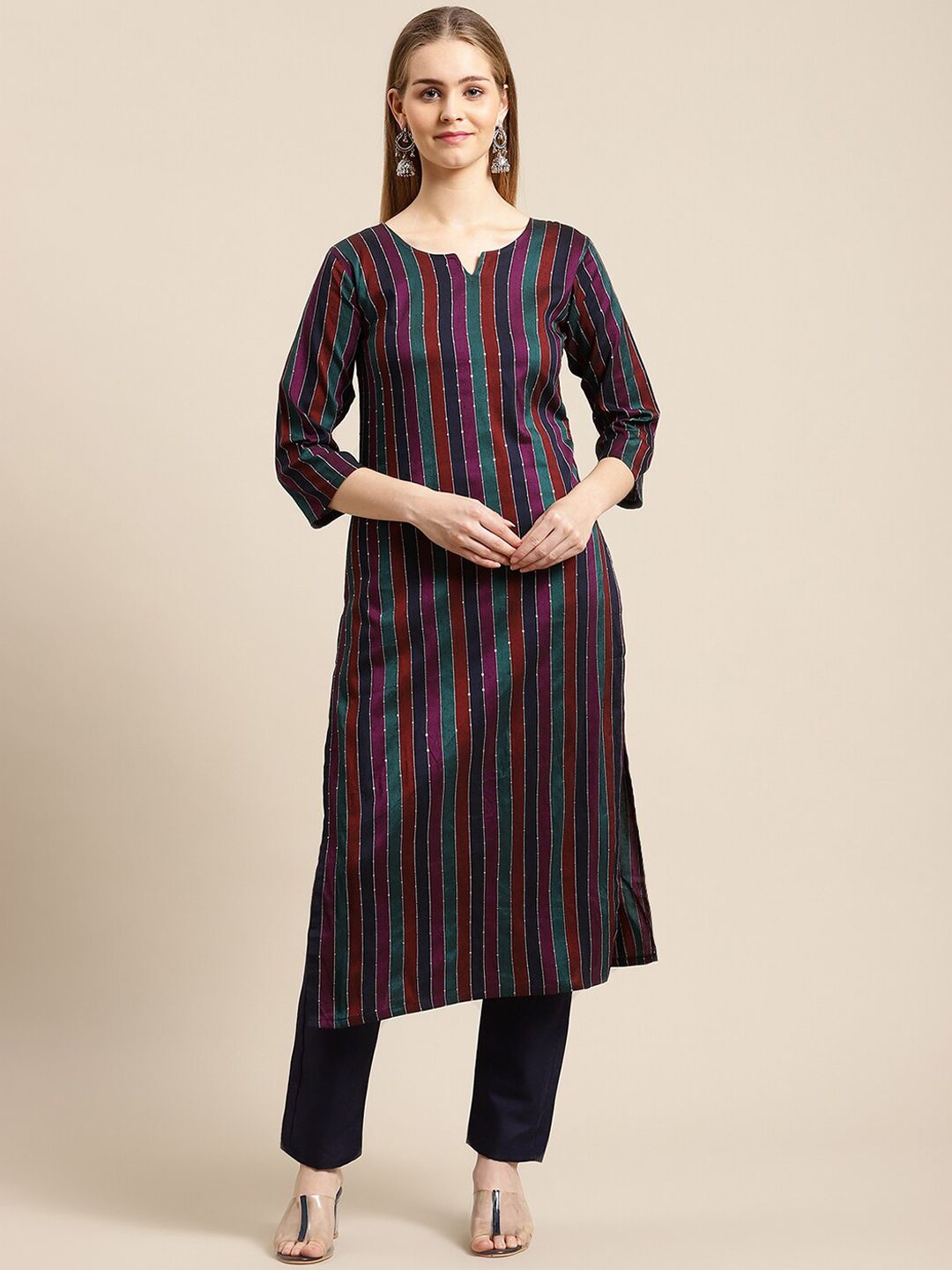 GUNVANTI FAB Women Multicoloured Striped Empire Sequinned Kurta with Trousers Price in India