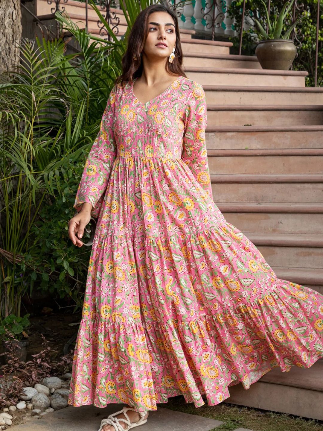 Ambraee Pink Floral Maxi Dress Price in India