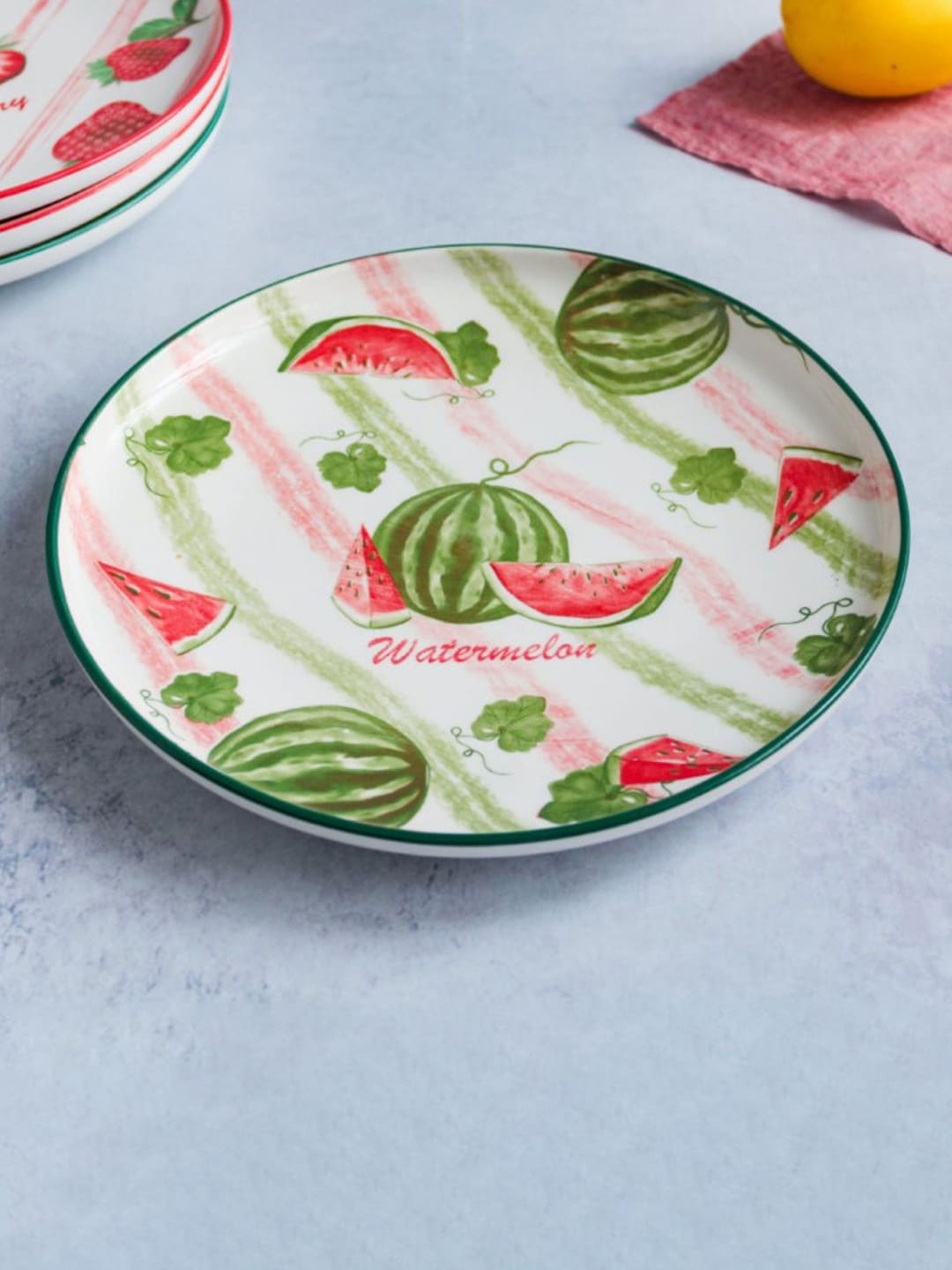 Nestasia White & Green Watermelon Printed Ceramic Glossy Plate Price in India