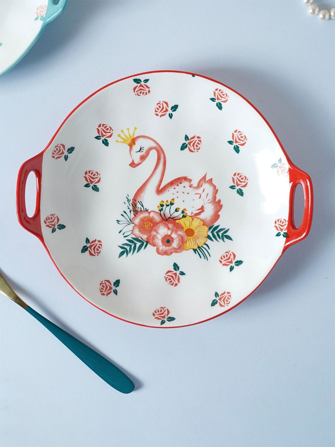 Nestasia White & Red Red Swan Printed Ceramic Glossy Plate Price in India