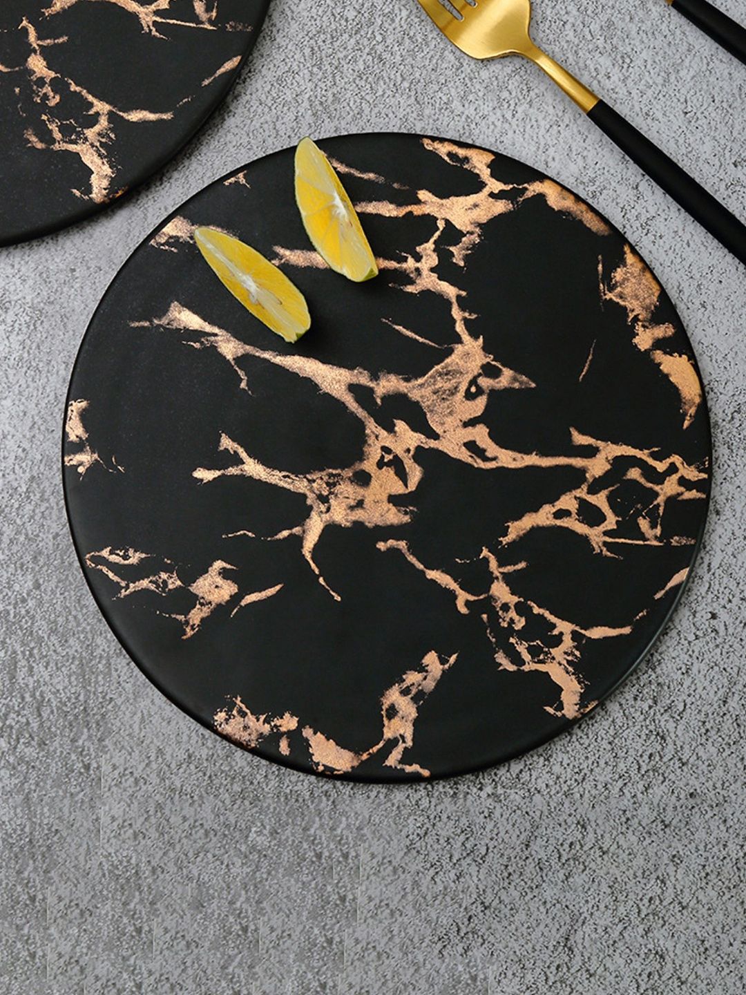 Nestasia Black & Gold Marble Printed Ceramic Round Serving Plate Price in India